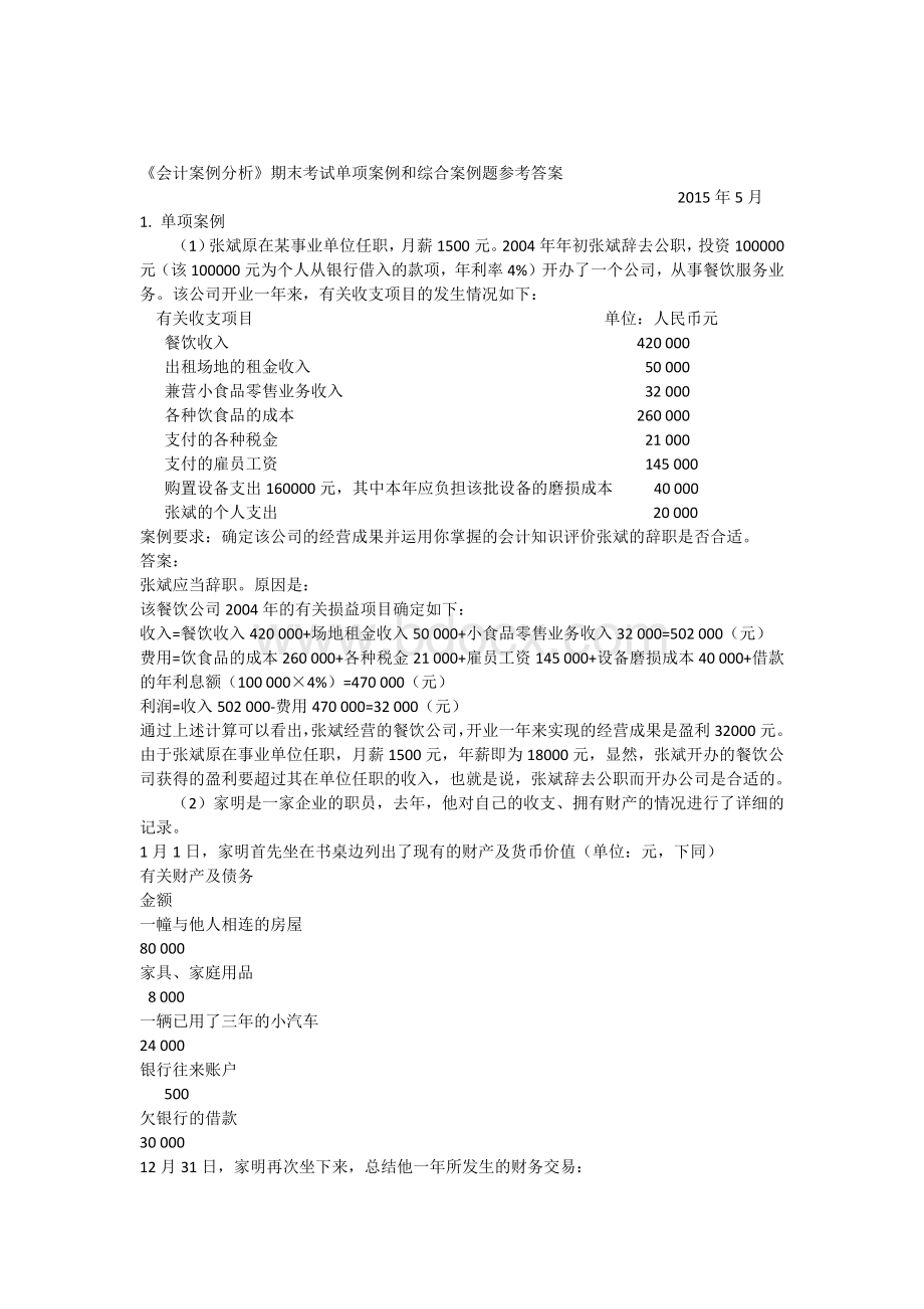 2015年春会计案例分析复习题参考答案2015-05-26-12-00-30.docx_第1页