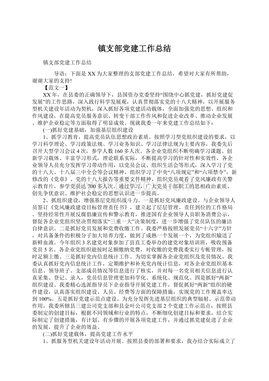 镇支部党建工作总结Word文件下载.docx_第1页