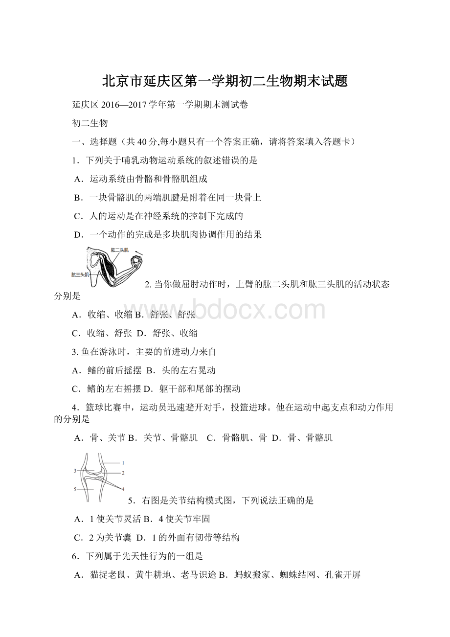 北京市延庆区第一学期初二生物期末试题Word格式.docx_第1页