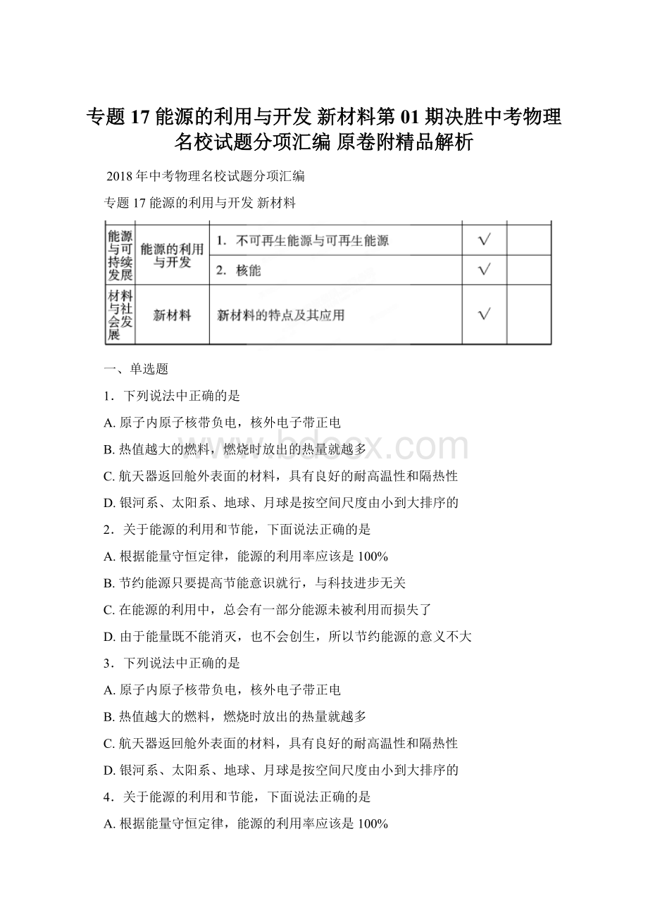 专题17 能源的利用与开发 新材料第01期决胜中考物理名校试题分项汇编原卷附精品解析.docx