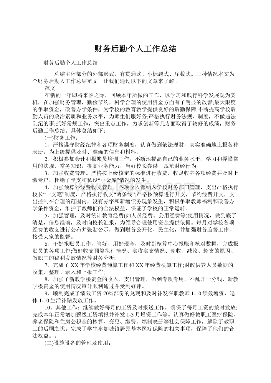 财务后勤个人工作总结文档格式.docx_第1页