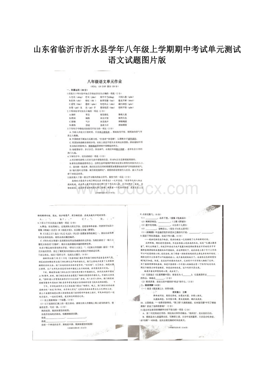 山东省临沂市沂水县学年八年级上学期期中考试单元测试语文试题图片版Word格式文档下载.docx_第1页