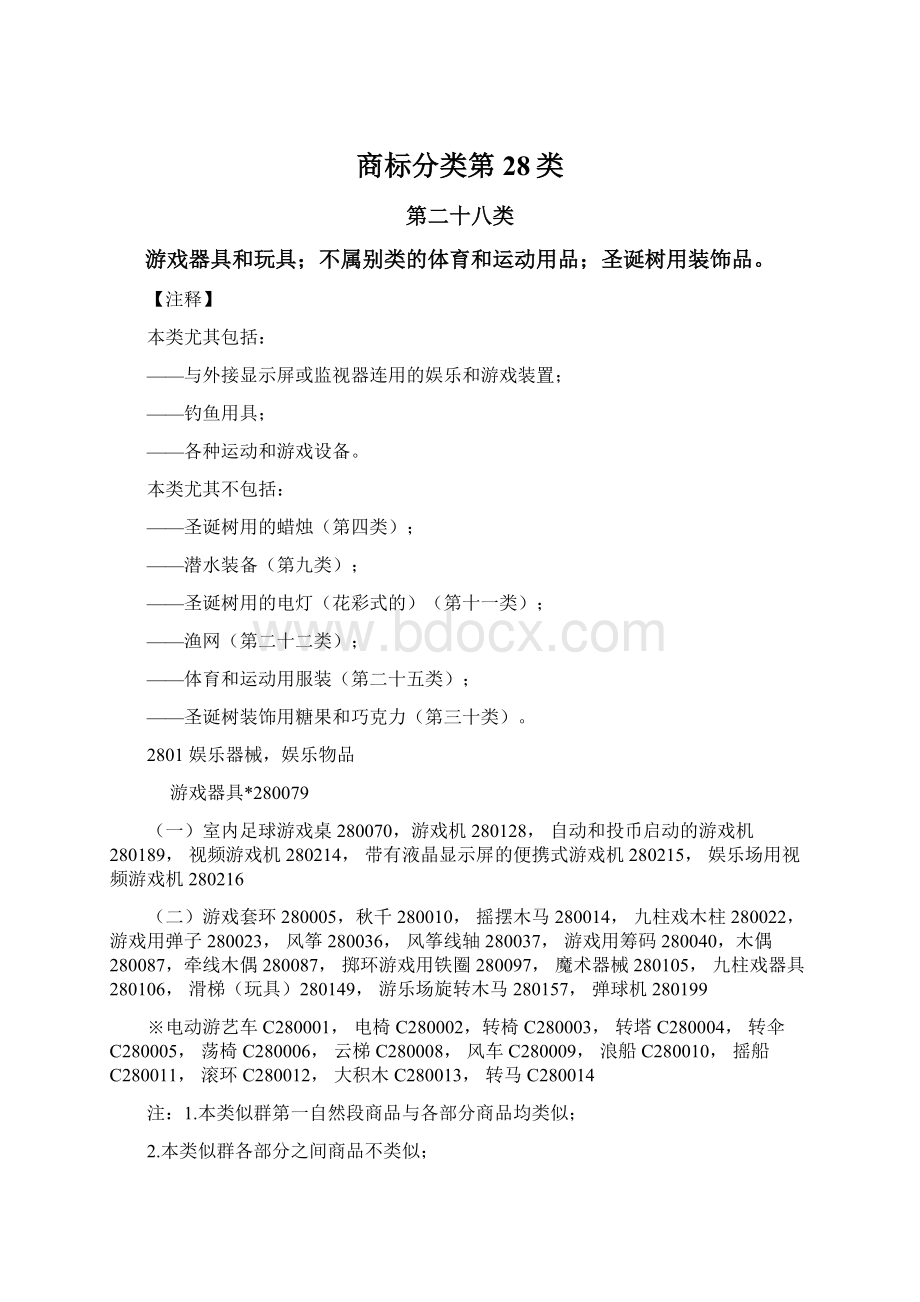 商标分类第28类Word文档下载推荐.docx