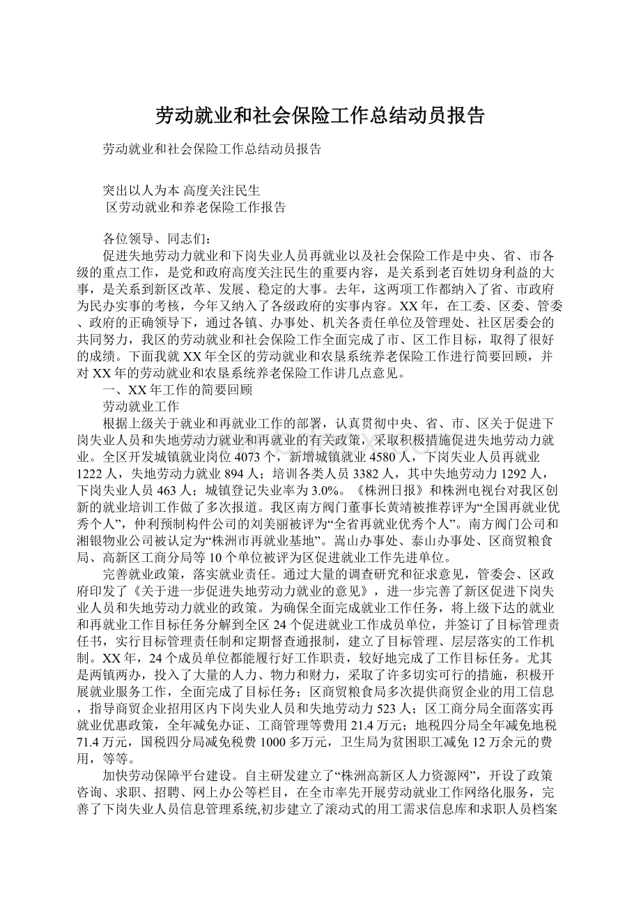 劳动就业和社会保险工作总结动员报告Word文档格式.docx