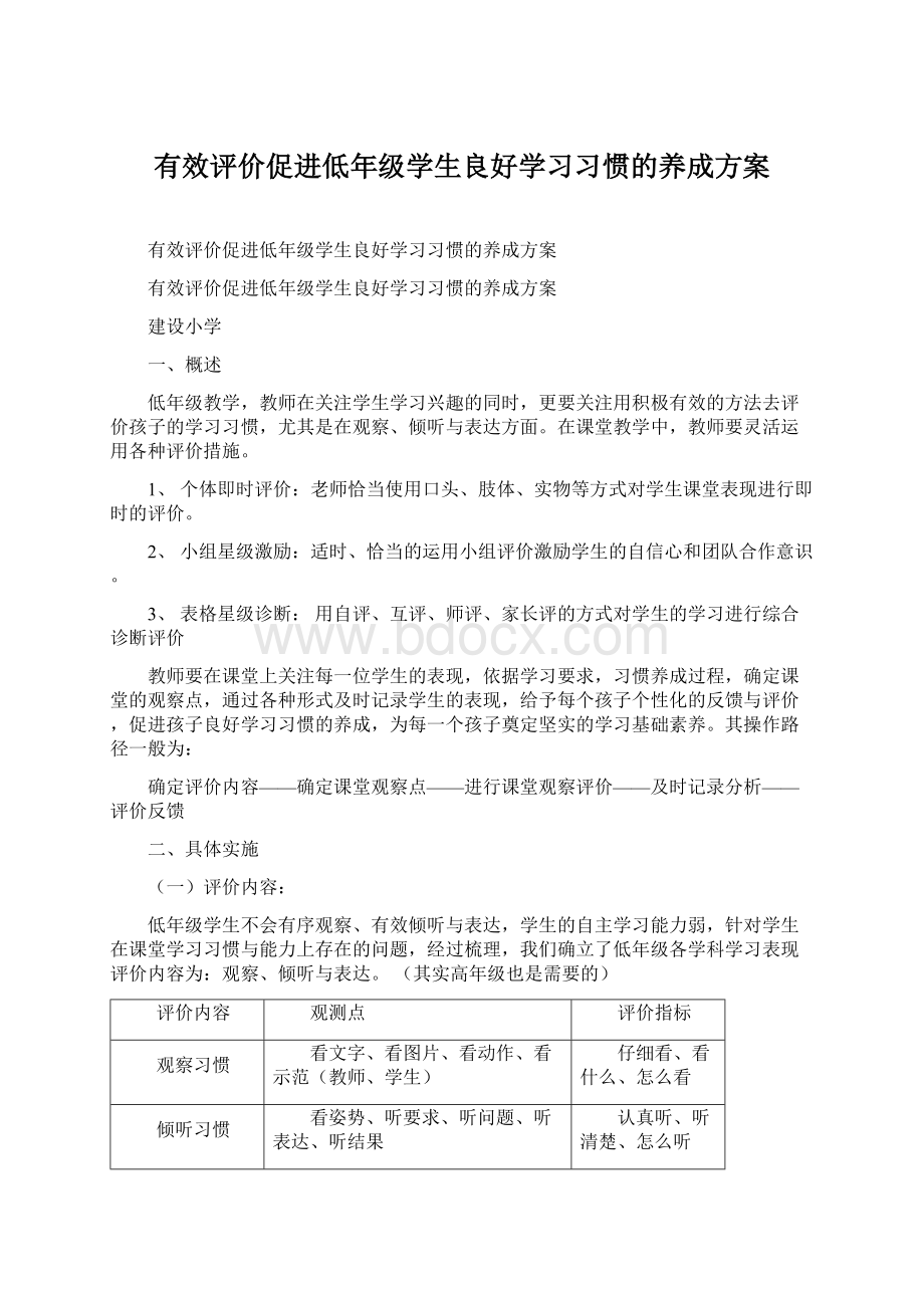 有效评价促进低年级学生良好学习习惯的养成方案Word文档下载推荐.docx