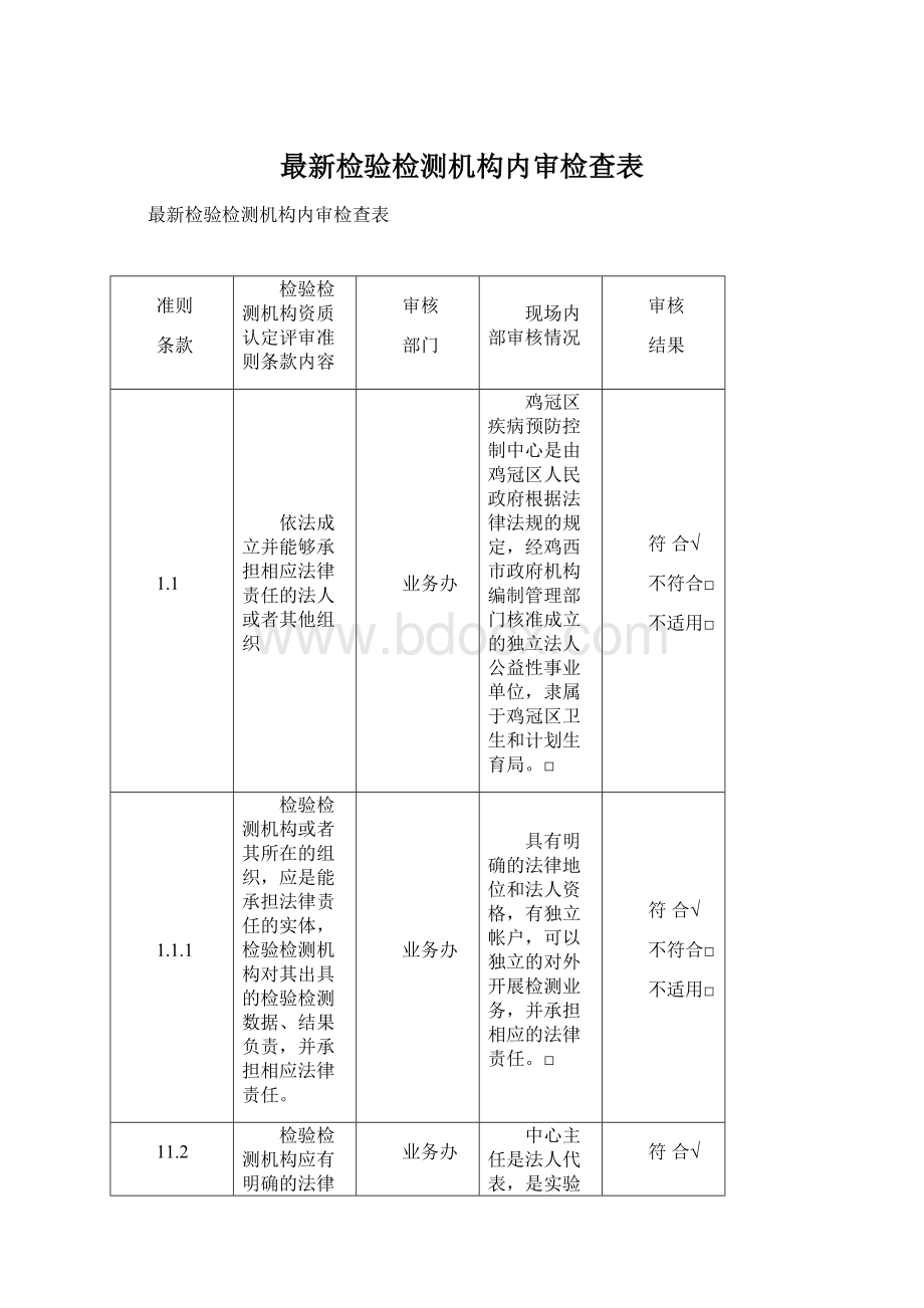 最新检验检测机构内审检查表.docx_第1页