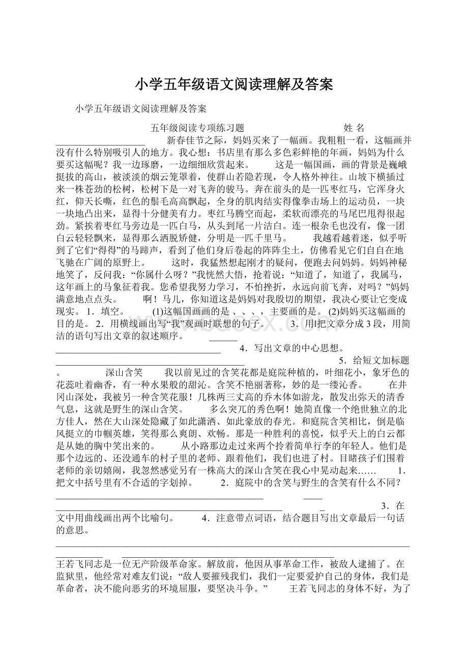 小学五年级语文阅读理解及答案.docx