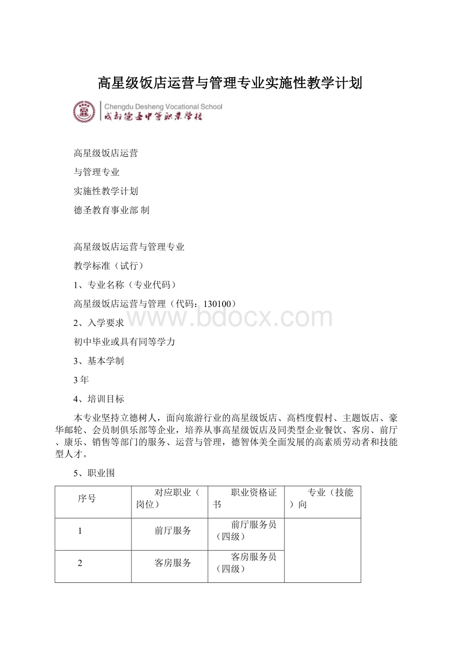 高星级饭店运营与管理专业实施性教学计划Word格式.docx