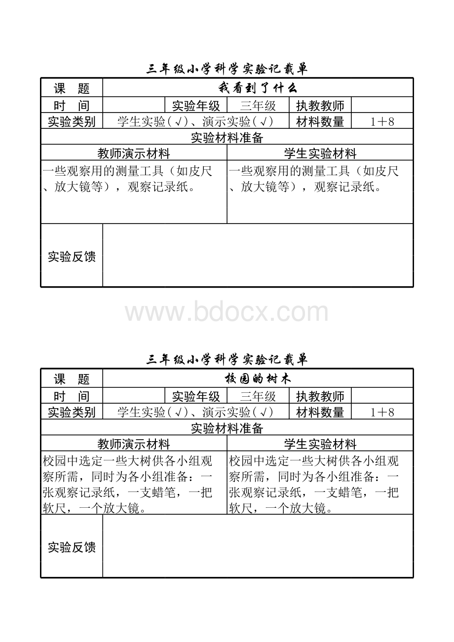 小学科学三年级科学实验记录单表格文件下载.xls_第3页