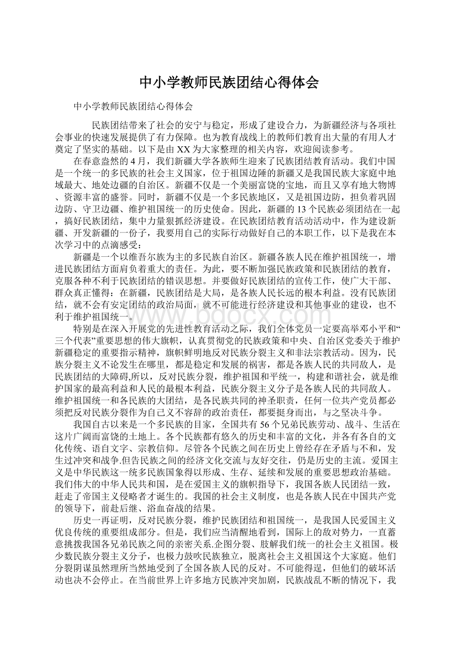 中小学教师民族团结心得体会Word下载.docx