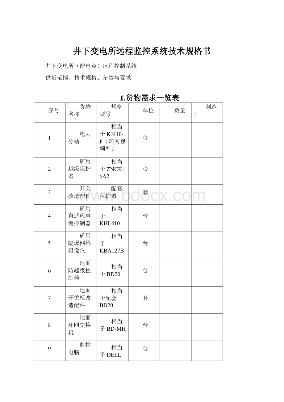 井下变电所远程监控系统技术规格书.docx