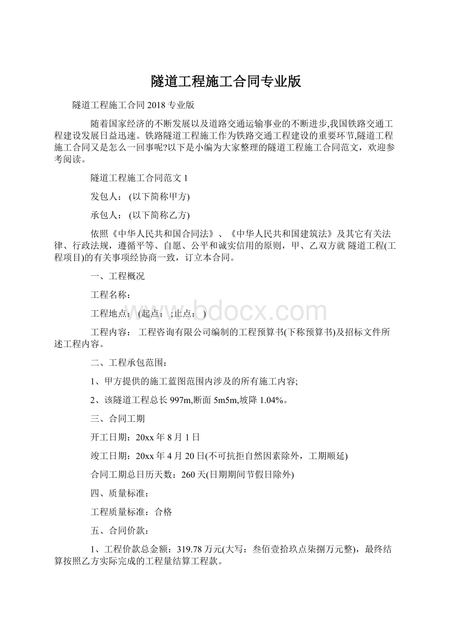 隧道工程施工合同专业版.docx_第1页