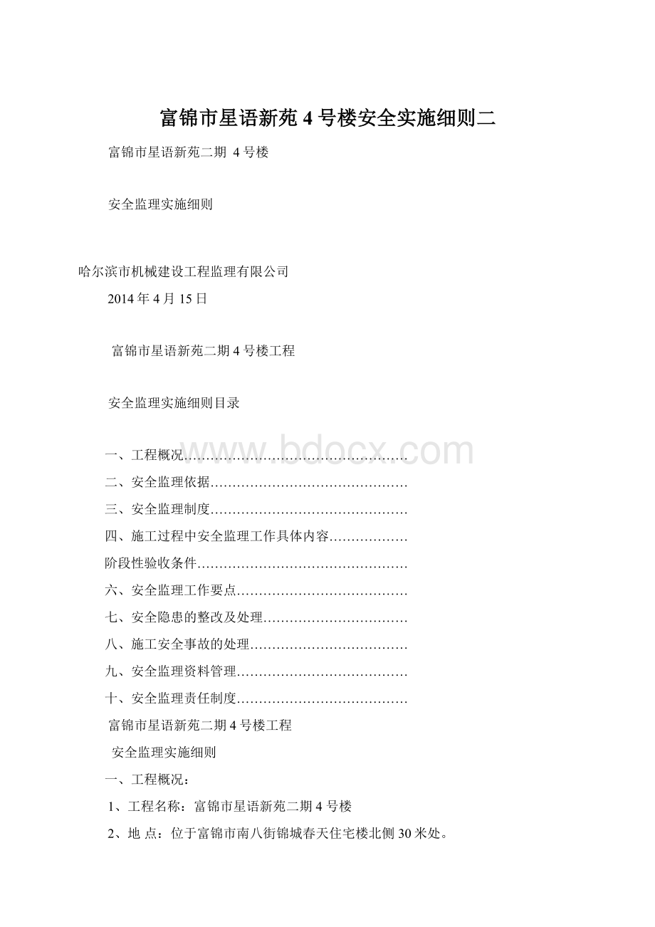 富锦市星语新苑4号楼安全实施细则二文档格式.docx