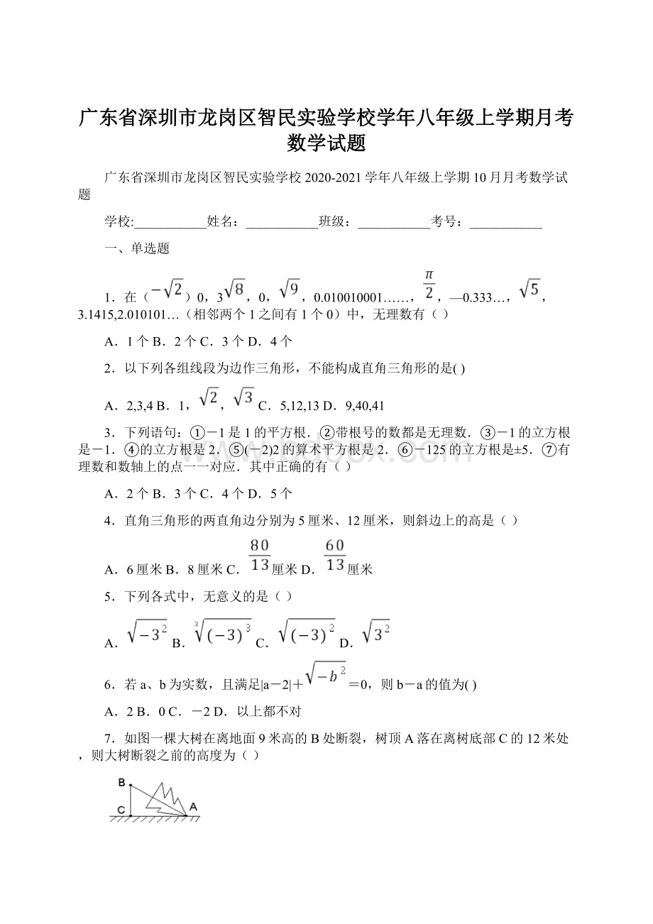 广东省深圳市龙岗区智民实验学校学年八年级上学期月考数学试题.docx