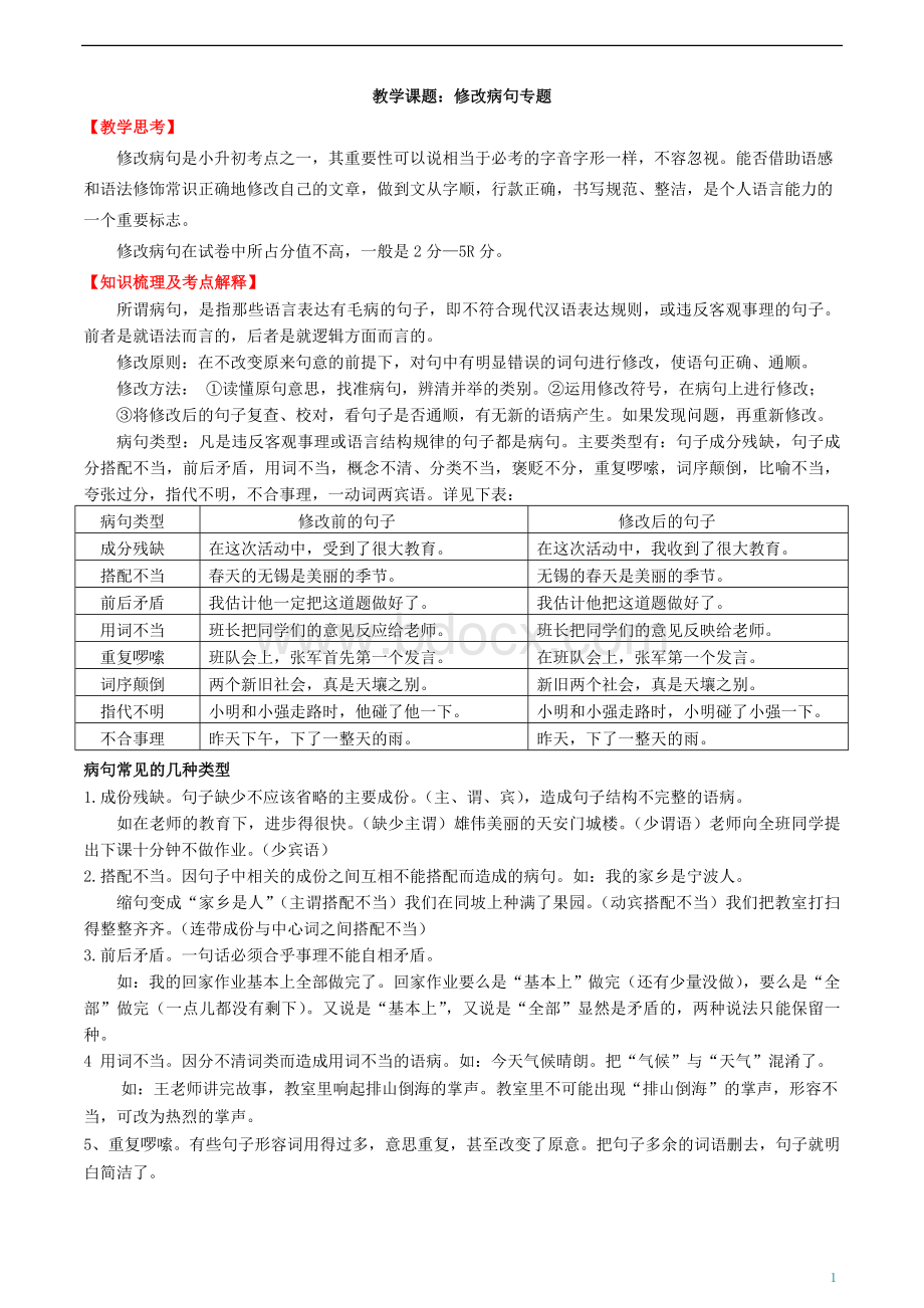 小升初修改病句及答案教师版.doc_第1页