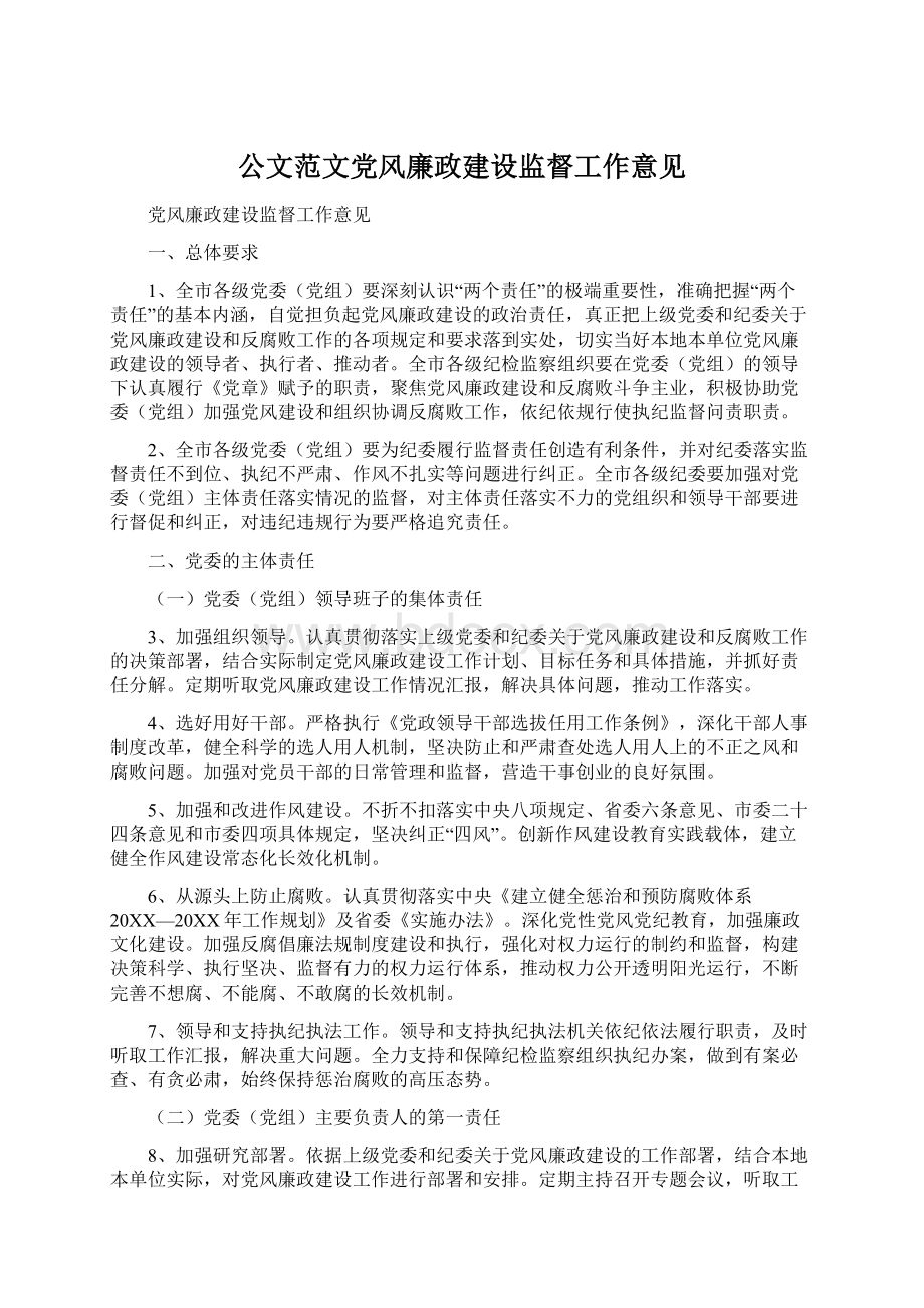 公文范文党风廉政建设监督工作意见.docx