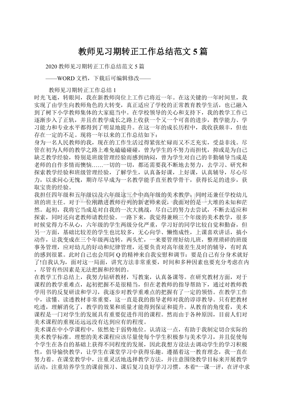 教师见习期转正工作总结范文5篇Word格式文档下载.docx_第1页