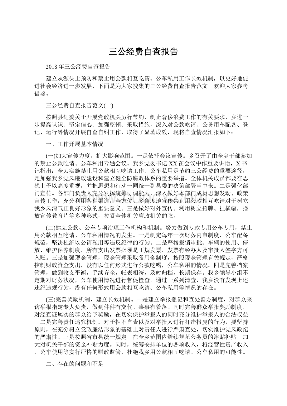 三公经费自查报告Word格式文档下载.docx_第1页