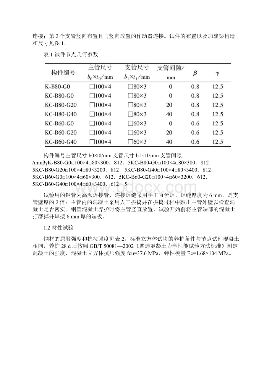 方钢管混凝土K型节点滞回性能试验研究Word格式.docx_第2页