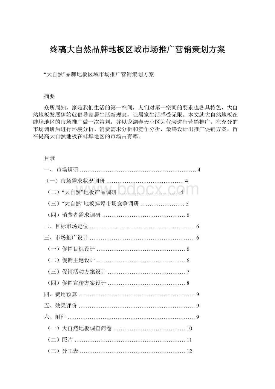 终稿大自然品牌地板区域市场推广营销策划方案文档格式.docx