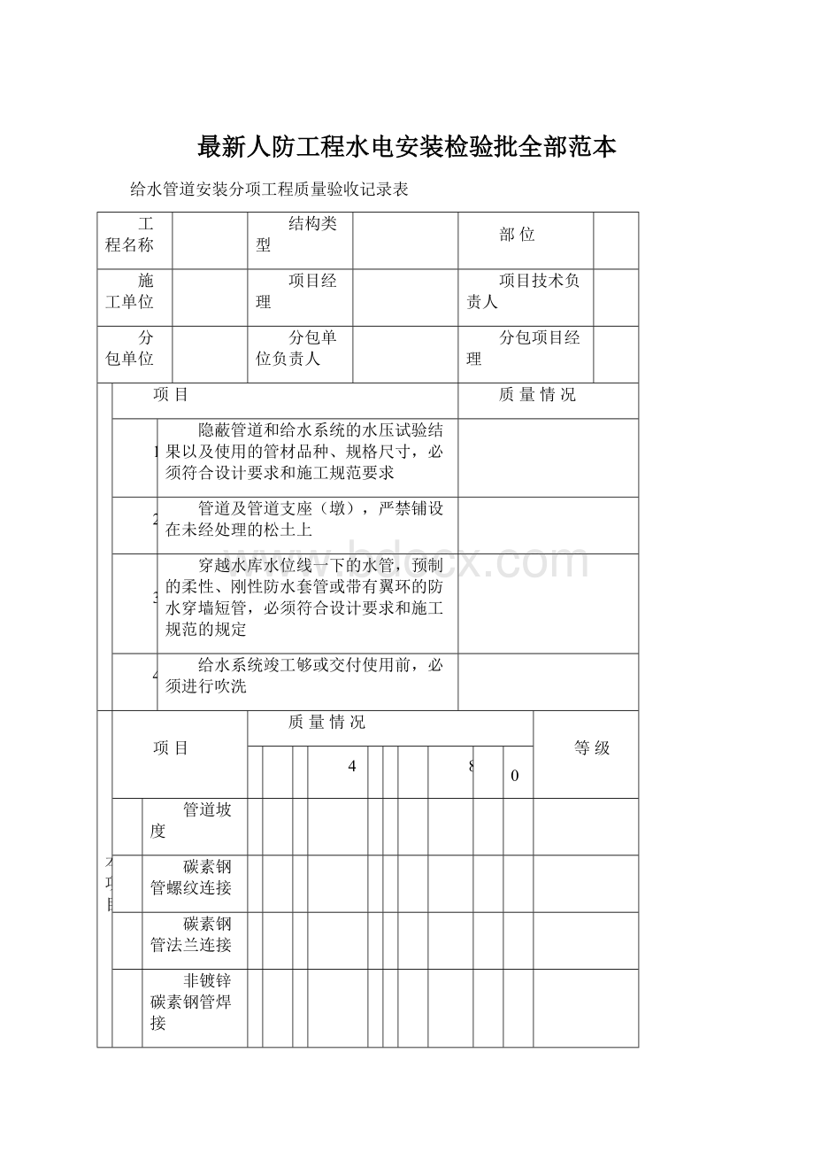 最新人防工程水电安装检验批全部范本Word格式文档下载.docx_第1页