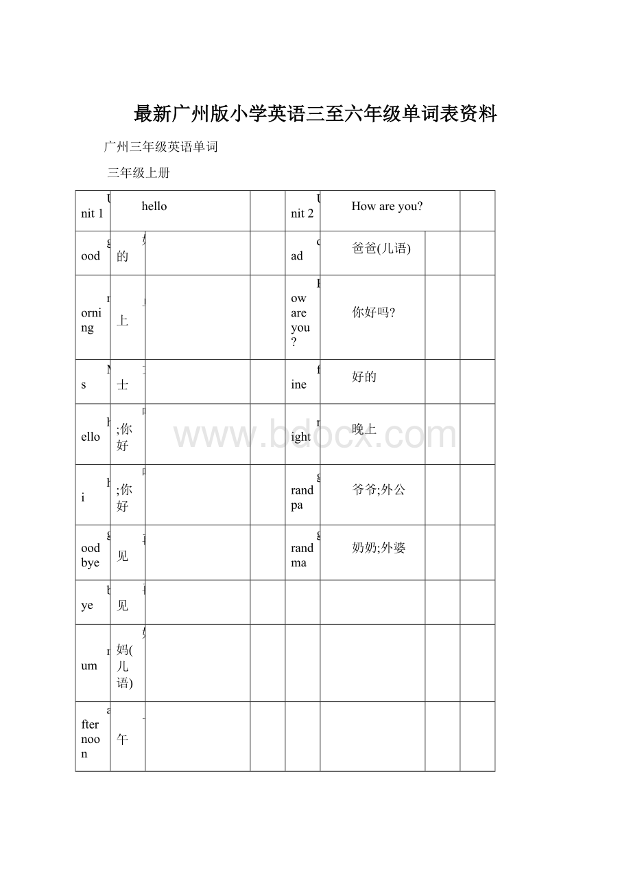 最新广州版小学英语三至六年级单词表资料Word文档格式.docx_第1页