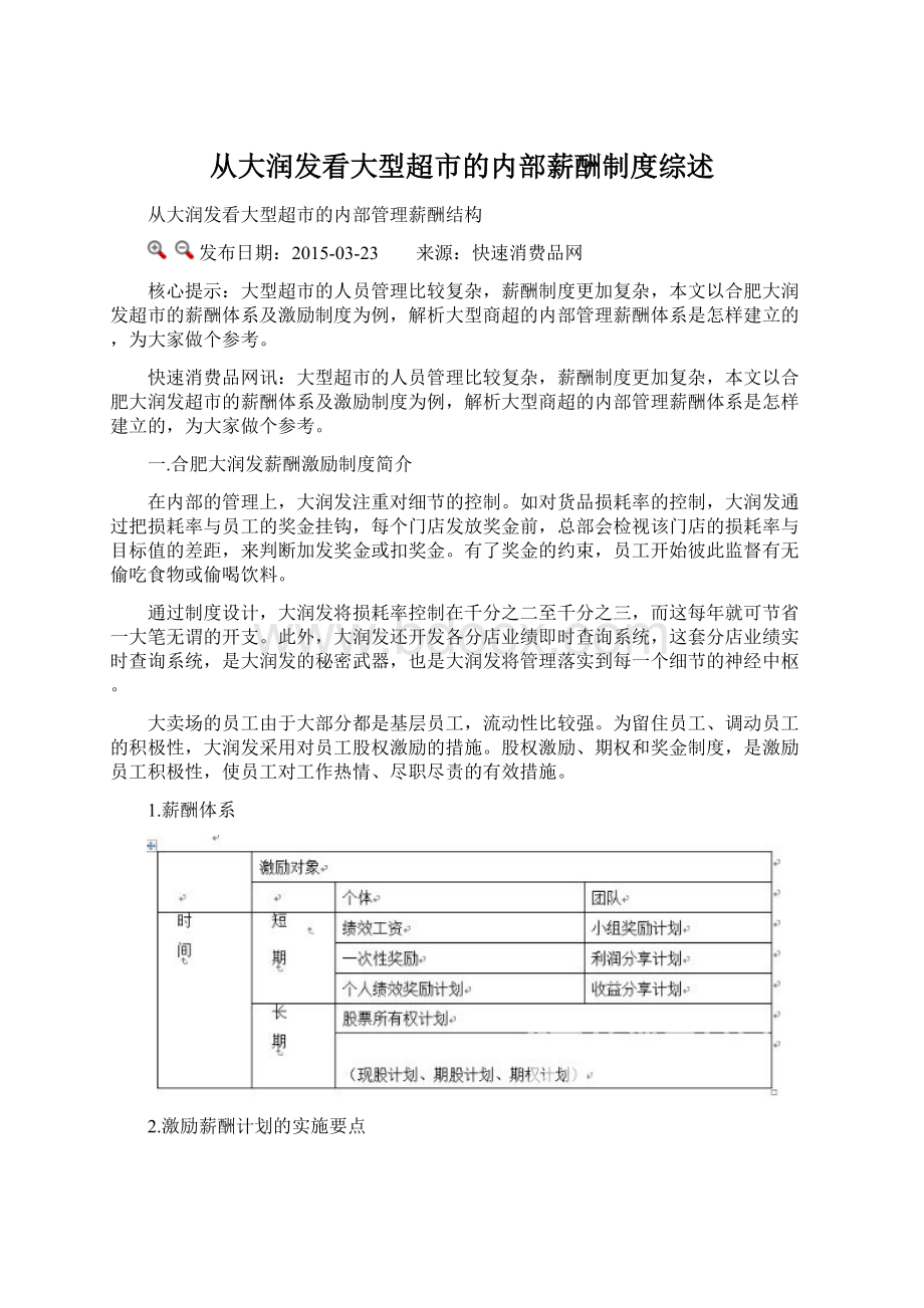 从大润发看大型超市的内部薪酬制度综述Word文档格式.docx