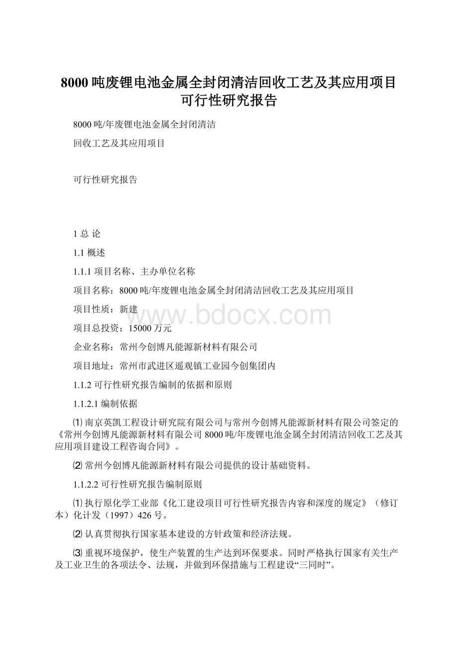 8000吨废锂电池金属全封闭清洁回收工艺及其应用项目可行性研究报告.docx