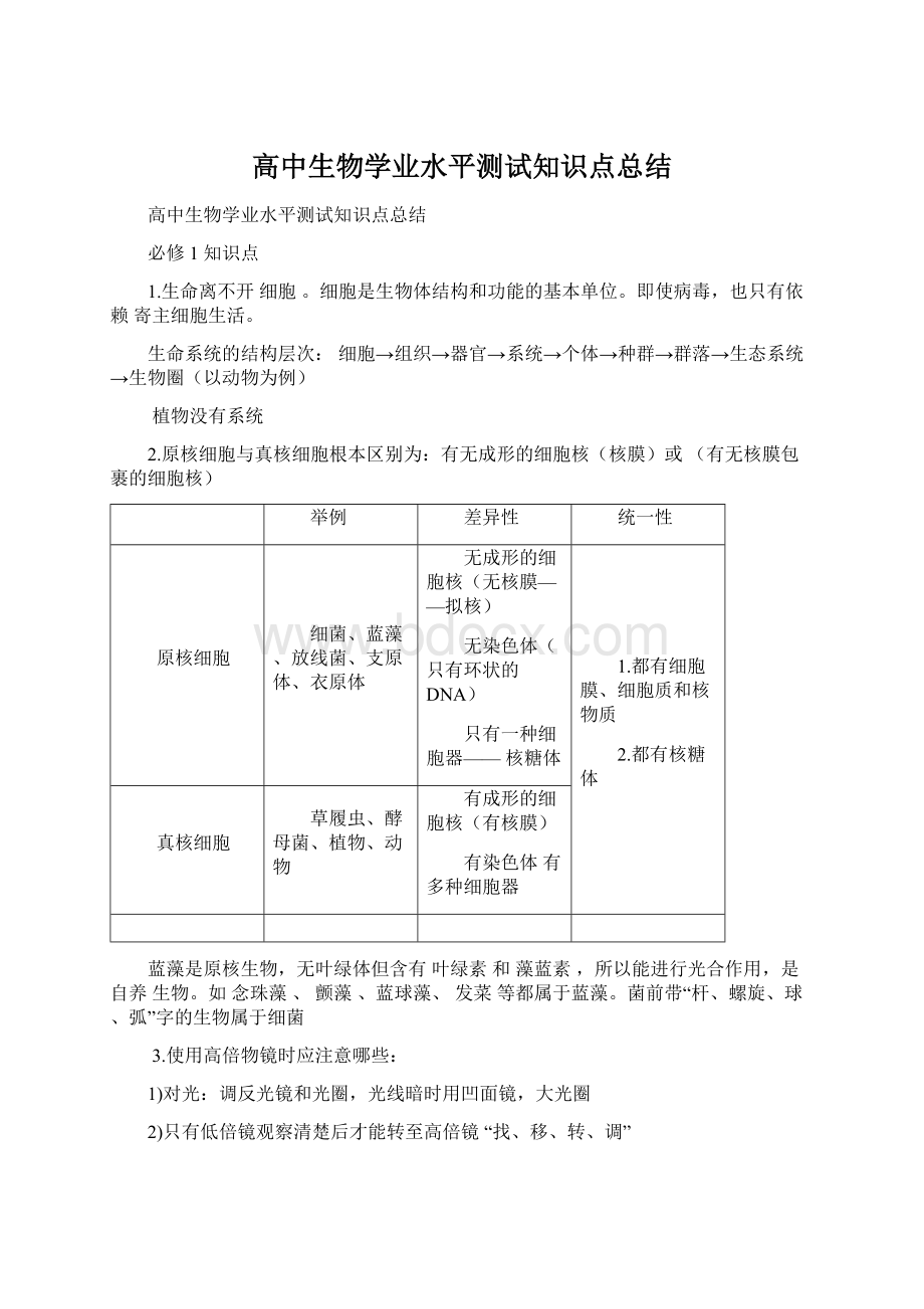 高中生物学业水平测试知识点总结文档格式.docx