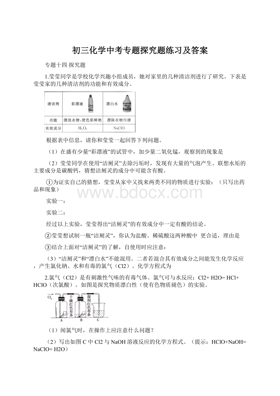 初三化学中考专题探究题练习及答案.docx