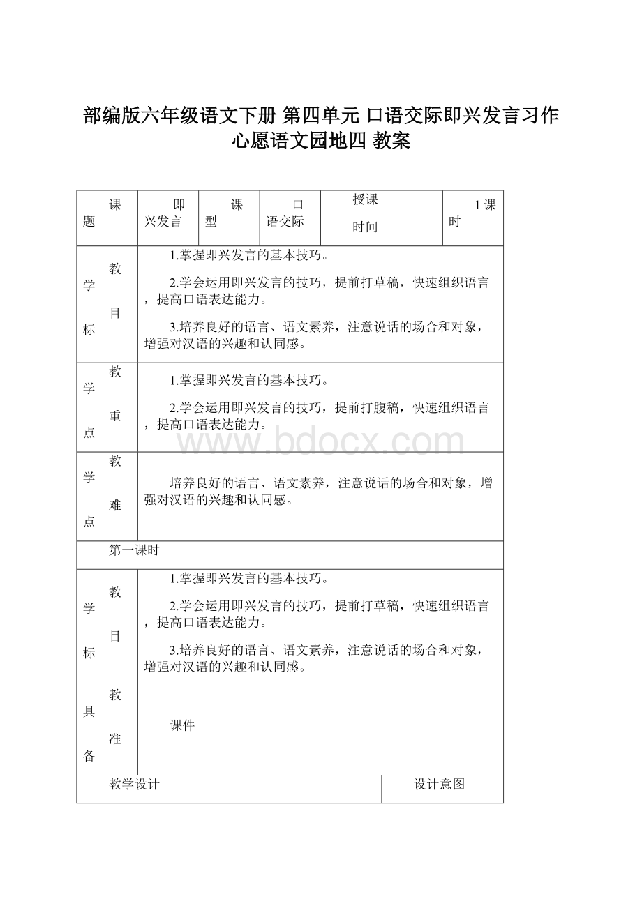 部编版六年级语文下册 第四单元 口语交际即兴发言习作心愿语文园地四 教案.docx