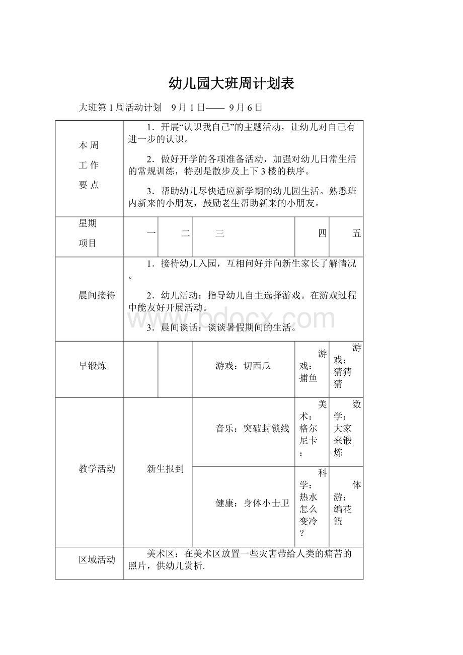 幼儿园大班周计划表.docx