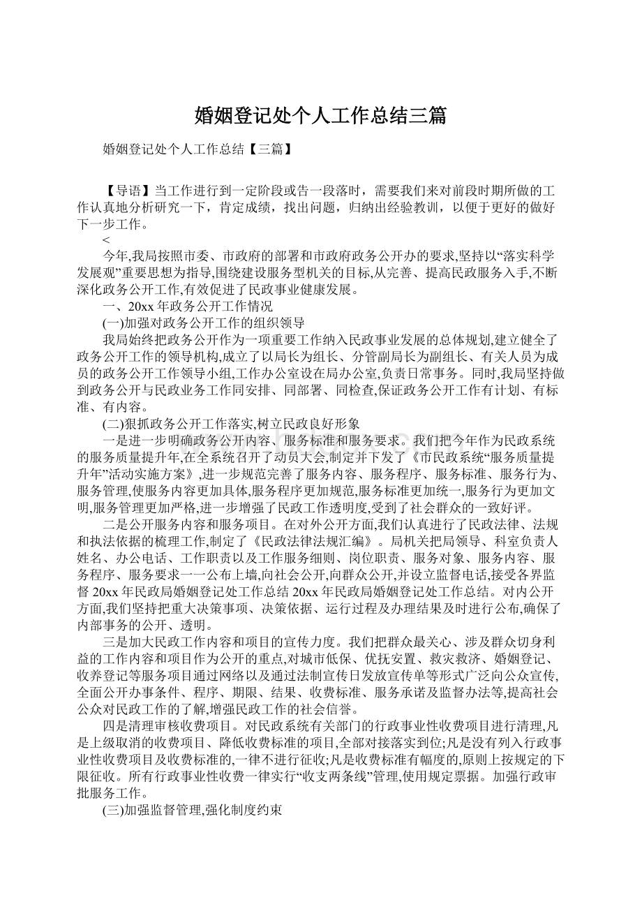 婚姻登记处个人工作总结三篇Word格式文档下载.docx_第1页