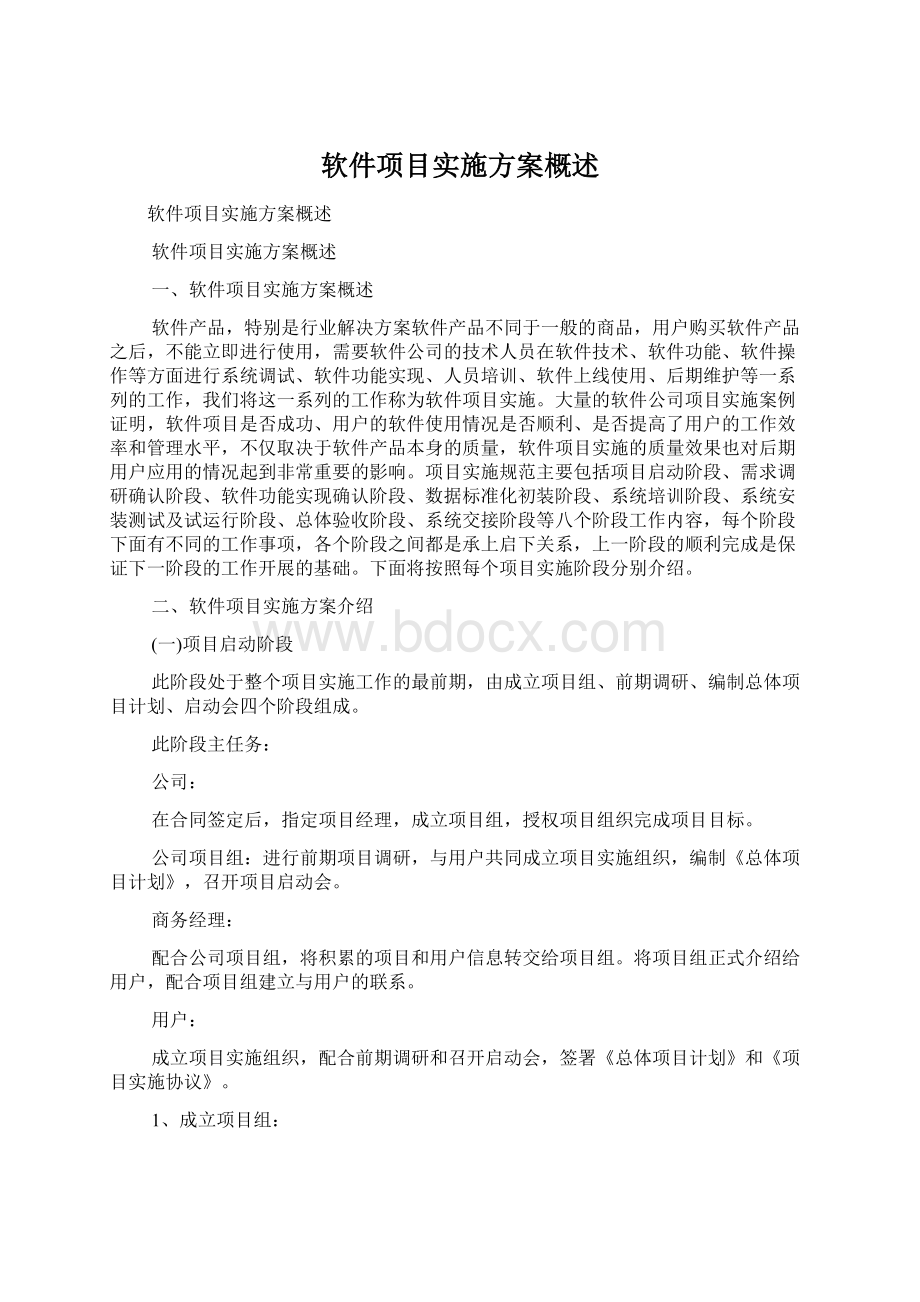 软件项目实施方案概述文档格式.docx