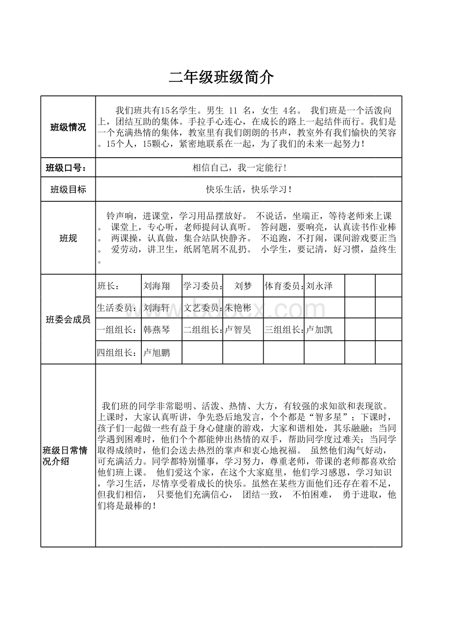 二年级班级简介表格文件下载.xls_第1页