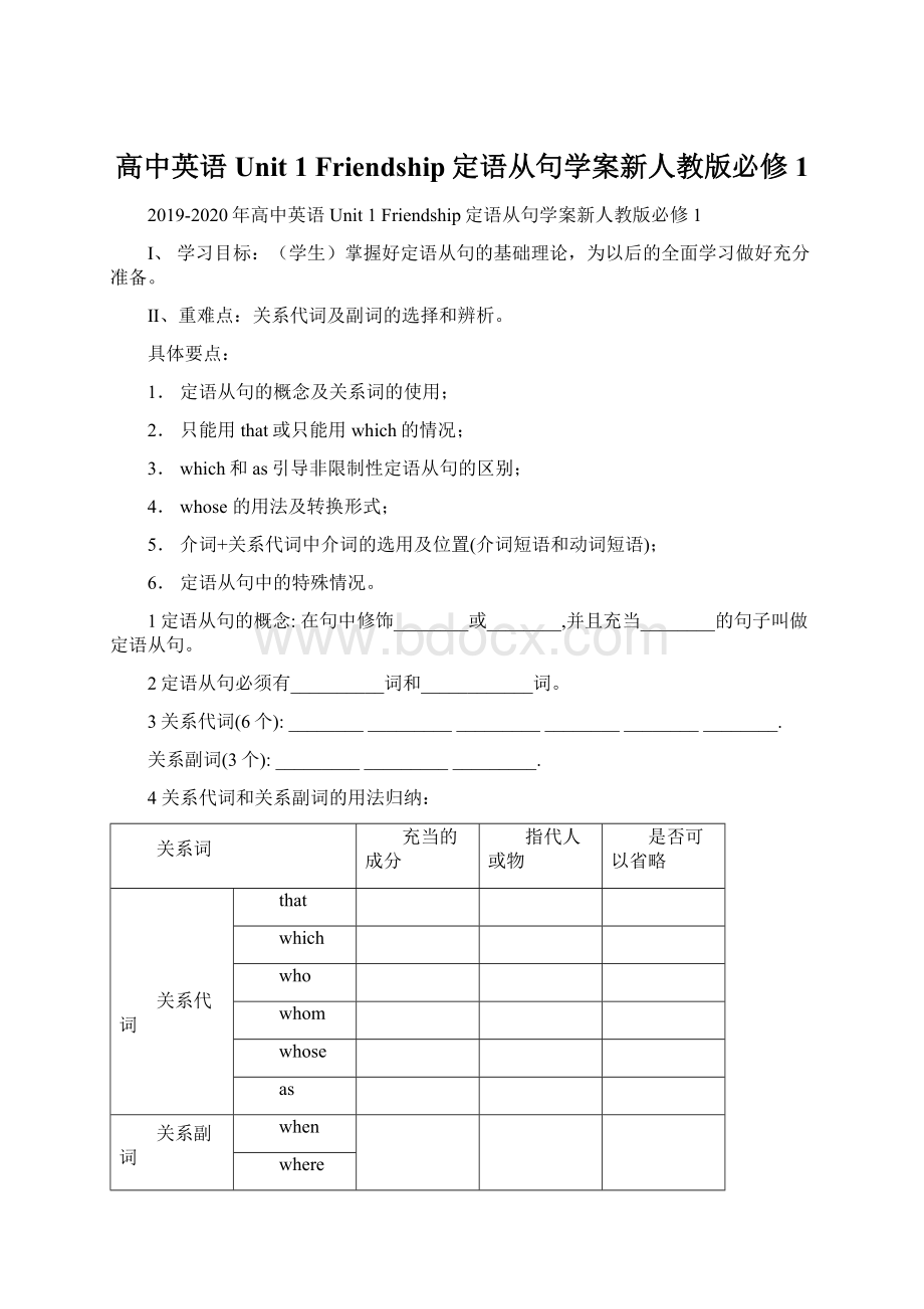 高中英语 Unit 1 Friendship定语从句学案新人教版必修1Word格式文档下载.docx