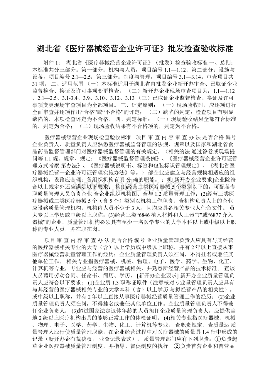 湖北省《医疗器械经营企业许可证》批发检查验收标准.docx_第1页