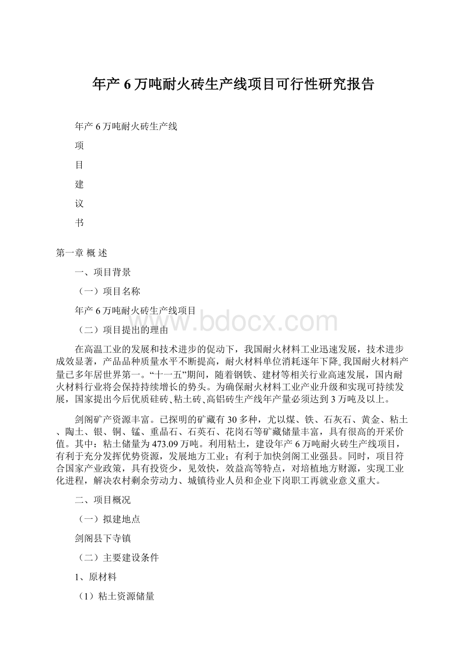 年产6万吨耐火砖生产线项目可行性研究报告Word格式文档下载.docx_第1页