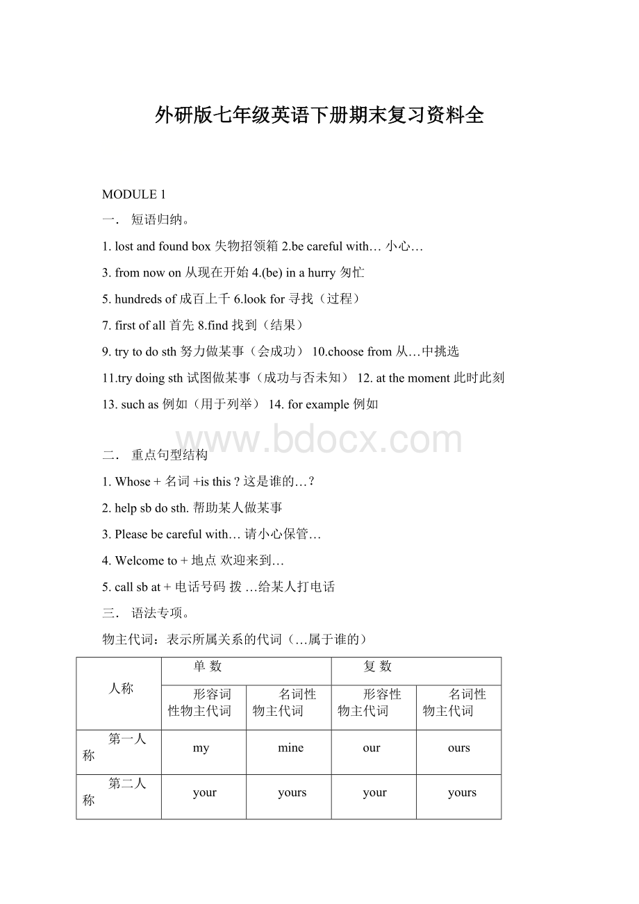 外研版七年级英语下册期末复习资料全Word文件下载.docx