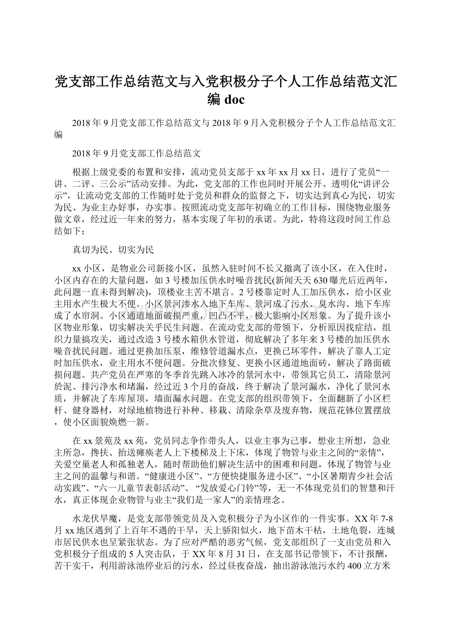 党支部工作总结范文与入党积极分子个人工作总结范文汇编doc文档格式.docx_第1页