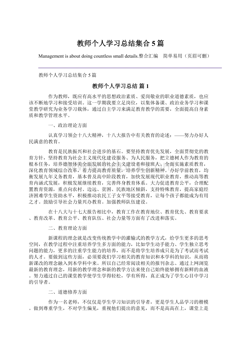 教师个人学习总结集合5篇文档格式.docx