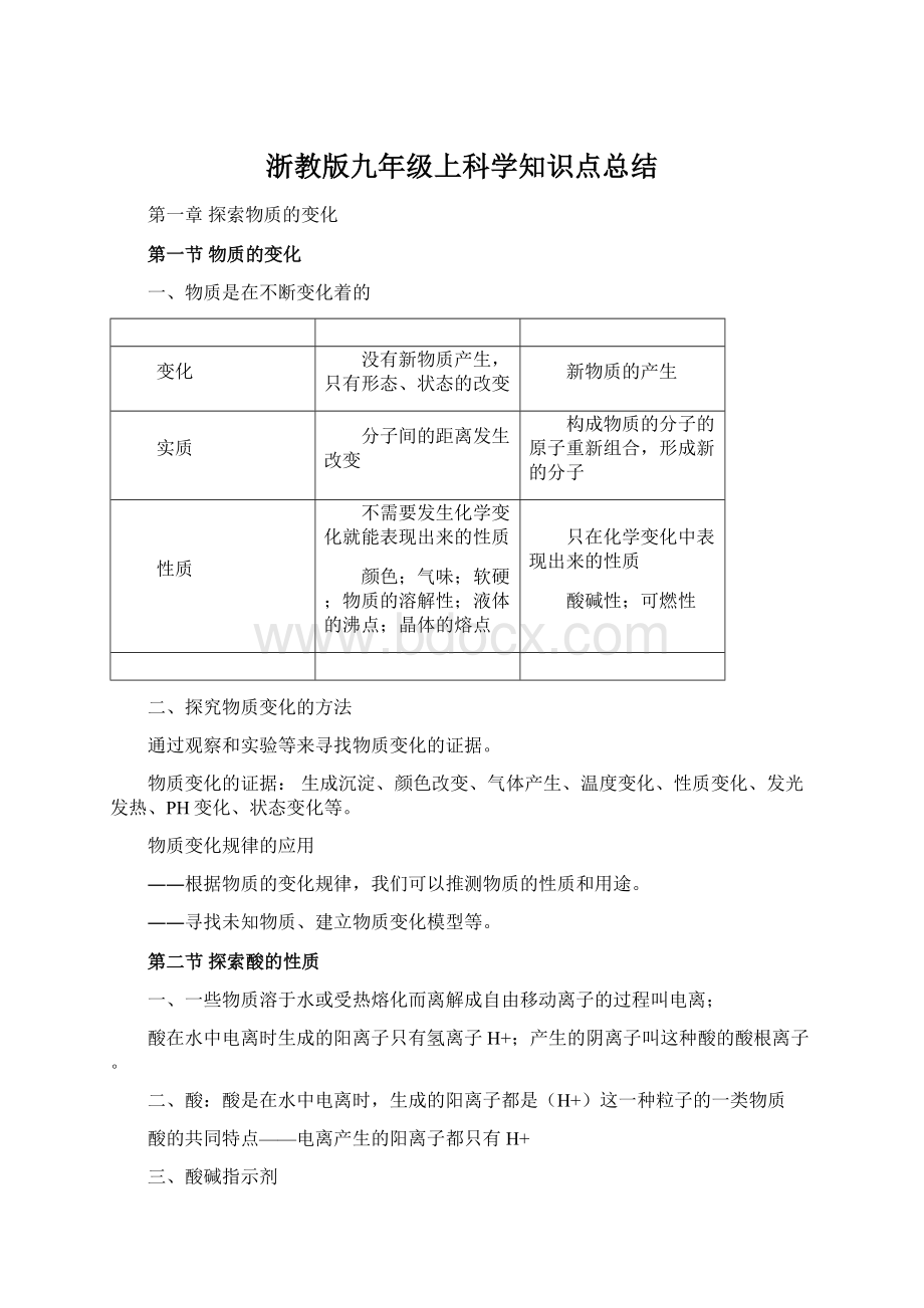 浙教版九年级上科学知识点总结Word文档格式.docx