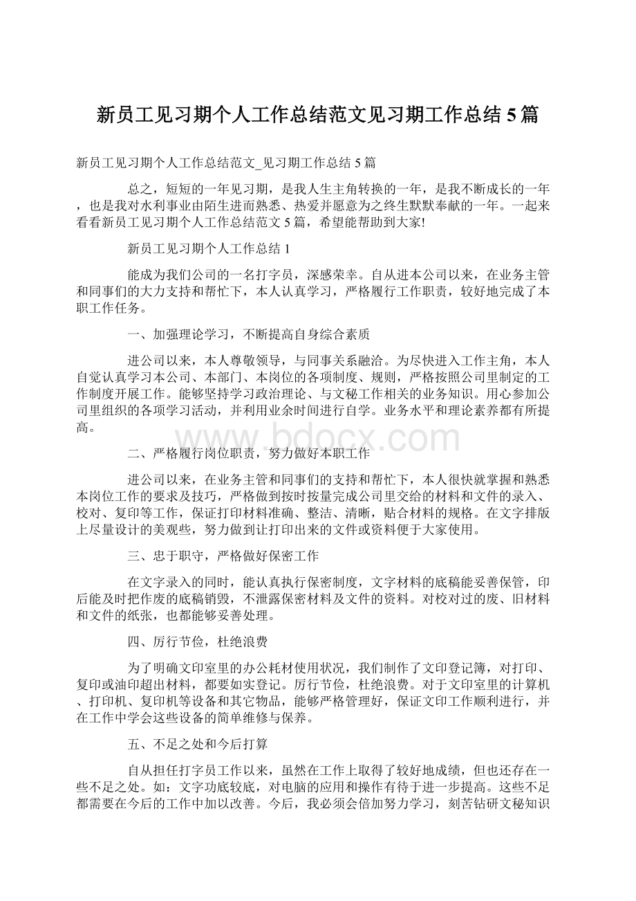 新员工见习期个人工作总结范文见习期工作总结5篇Word下载.docx_第1页