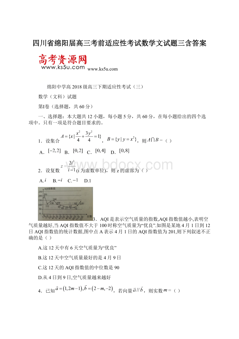 四川省绵阳届高三考前适应性考试数学文试题三含答案.docx