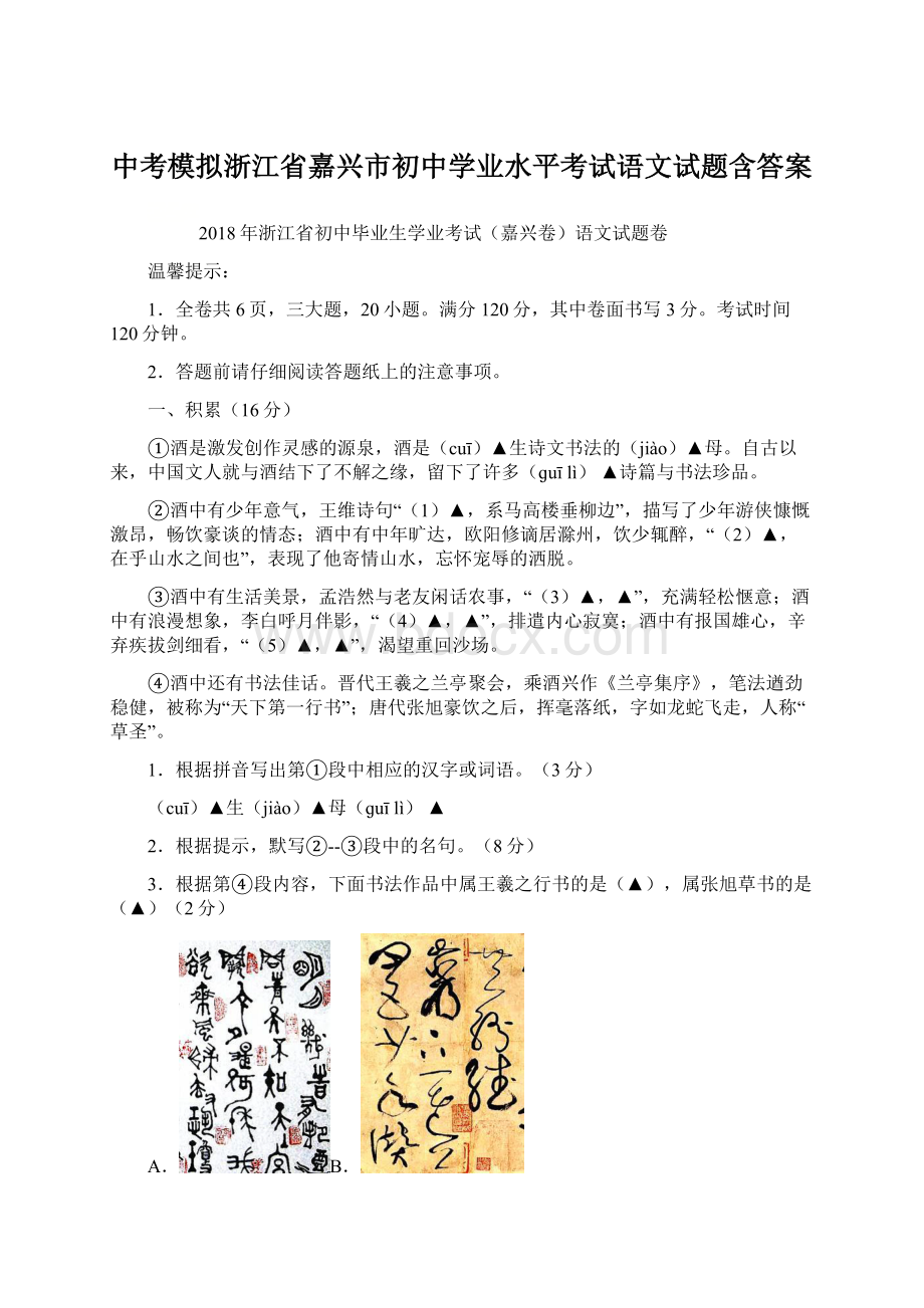 中考模拟浙江省嘉兴市初中学业水平考试语文试题含答案Word文档下载推荐.docx_第1页