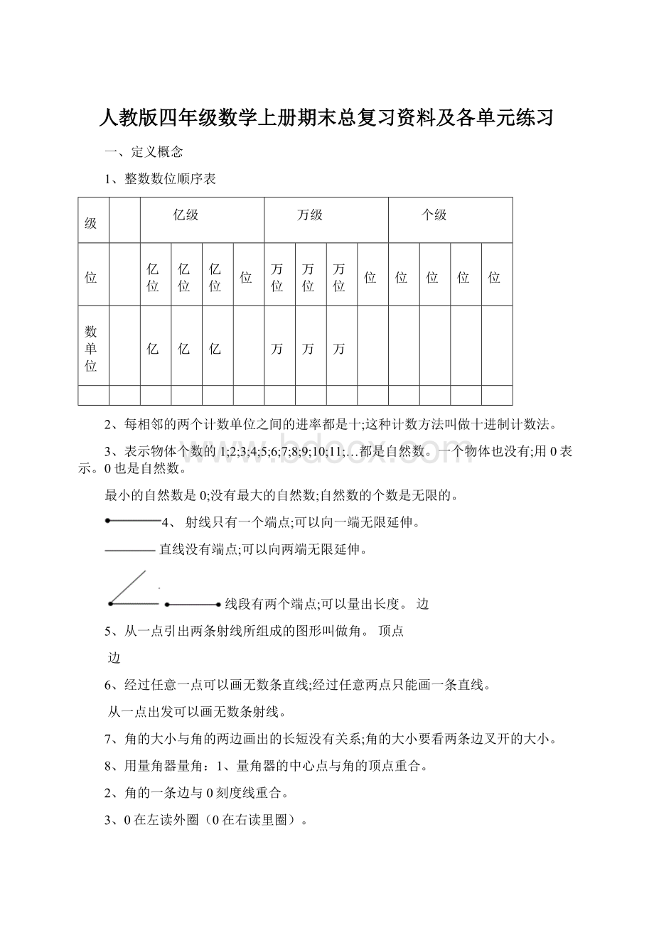 人教版四年级数学上册期末总复习资料及各单元练习.docx