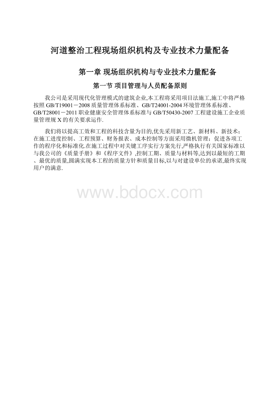 河道整治工程现场组织机构及专业技术力量配备.docx