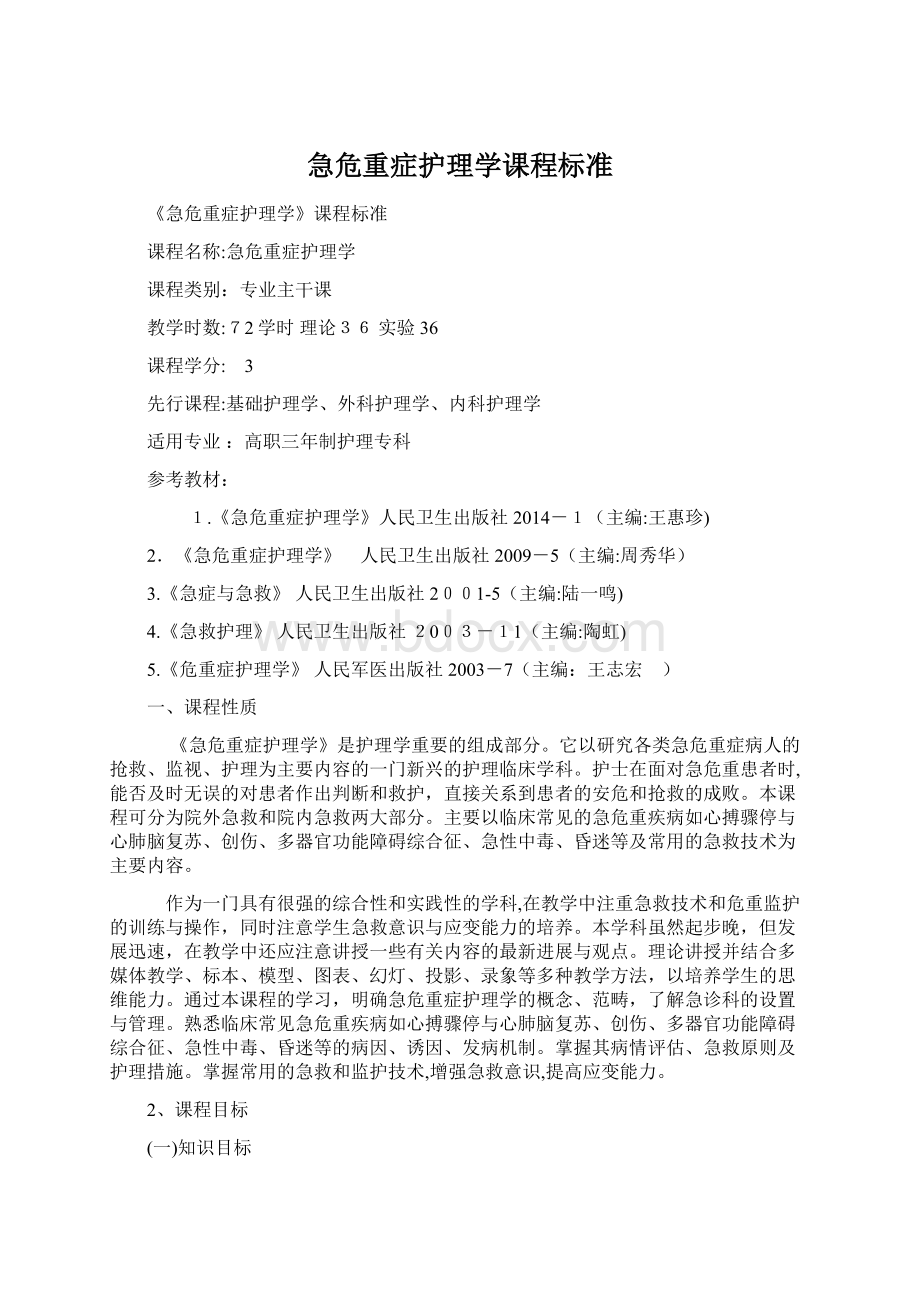 急危重症护理学课程标准Word文档格式.docx