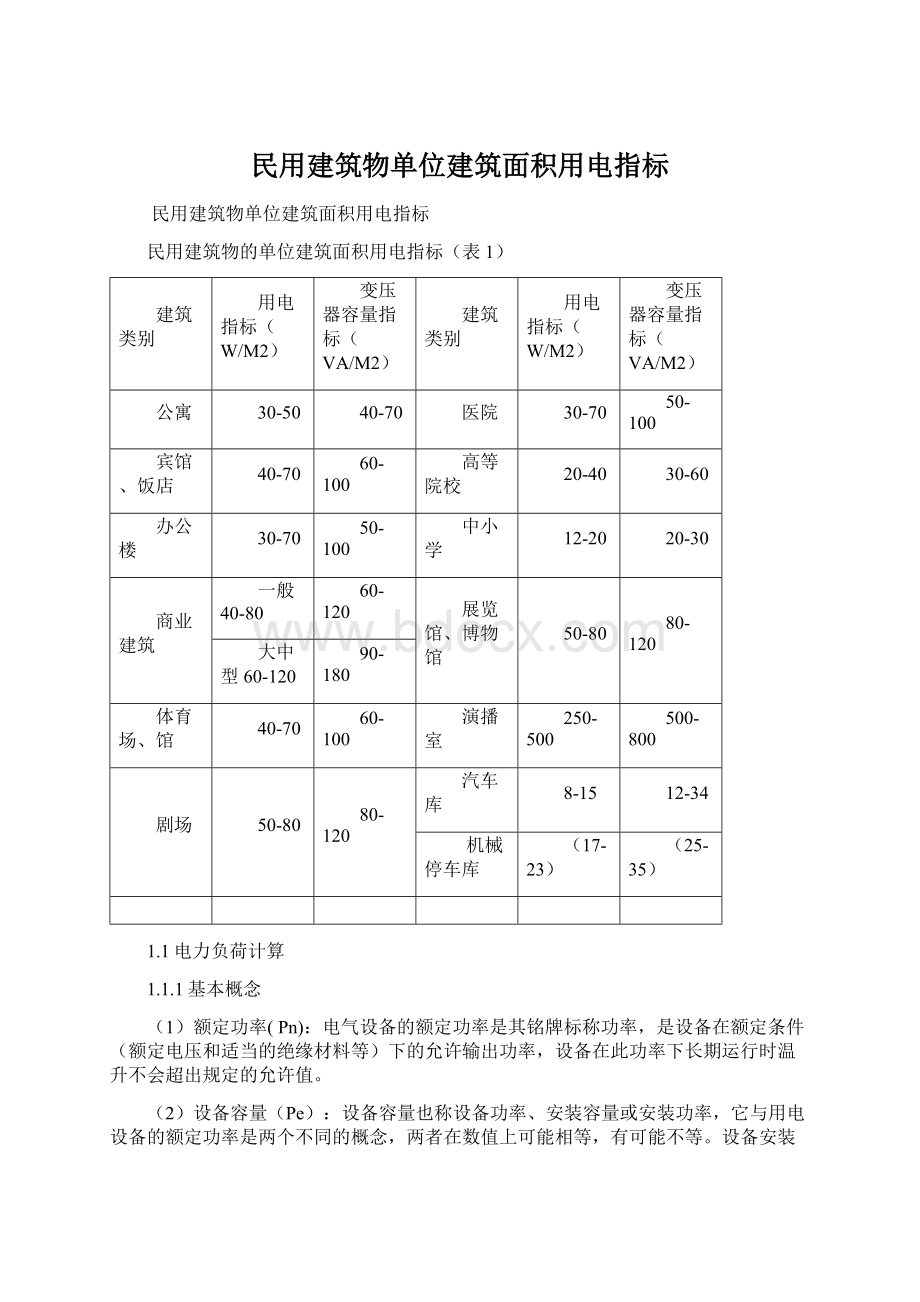 民用建筑物单位建筑面积用电指标Word文档下载推荐.docx_第1页