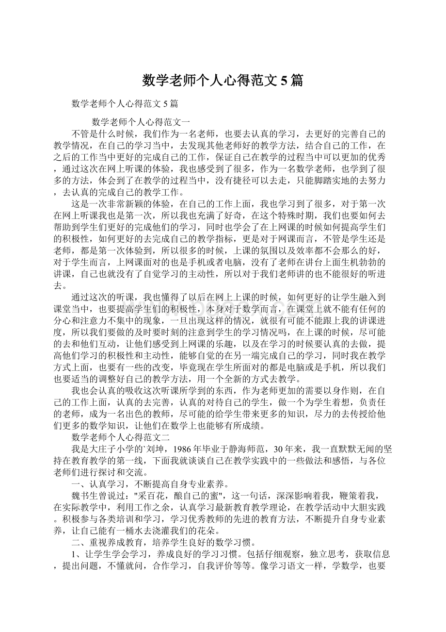 数学老师个人心得范文5篇文档格式.docx